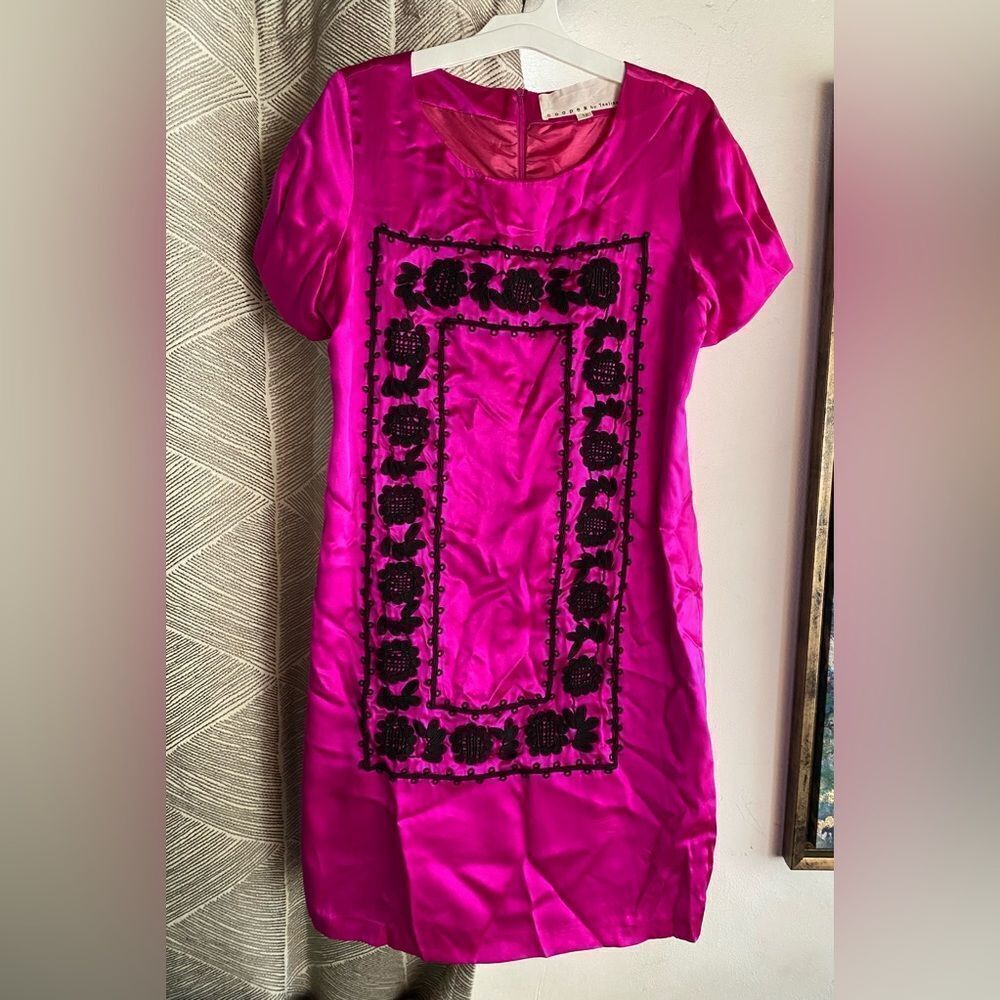 COOPER by Trelise Cooper Mini Dress Pink Metallic Embroidered Black Silk Sz 10